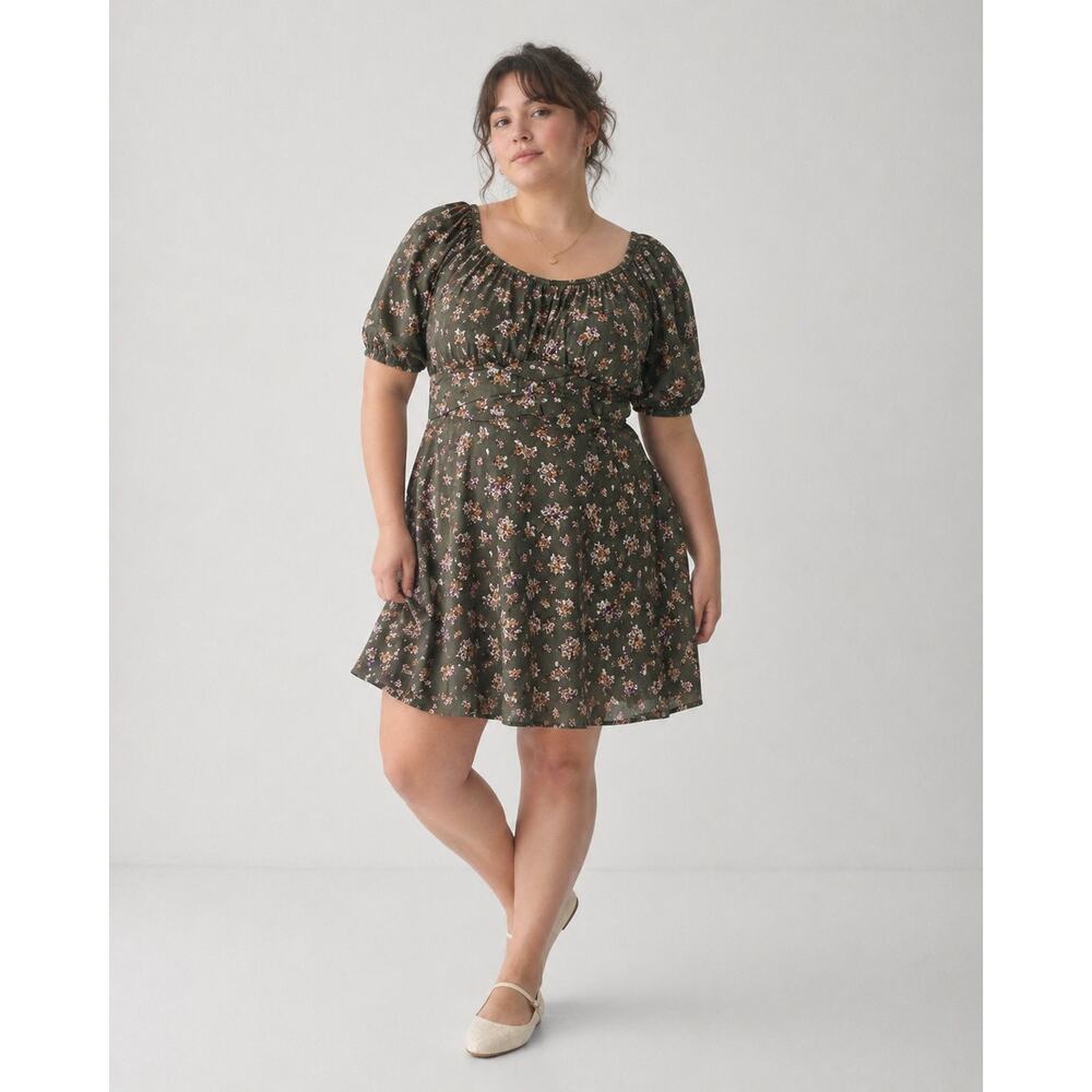 Arula Olive Floral Puff Sleeve Cottagecore Mini Dress Extra Large
